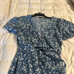 Simple Blue Floral Wrap Dress